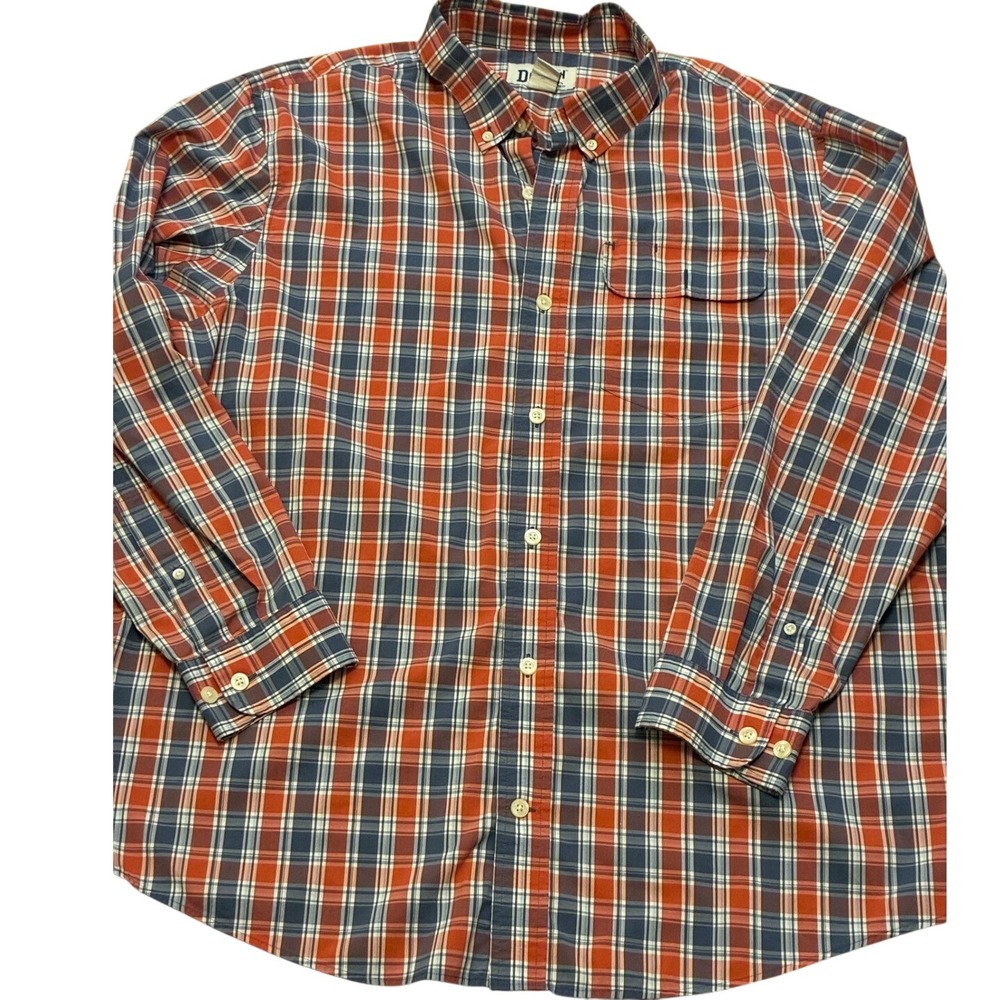 Duluth Trading Co Mens Lrg Relaxed Fit Coolmax Plaid Button Down Shirt Red Blue